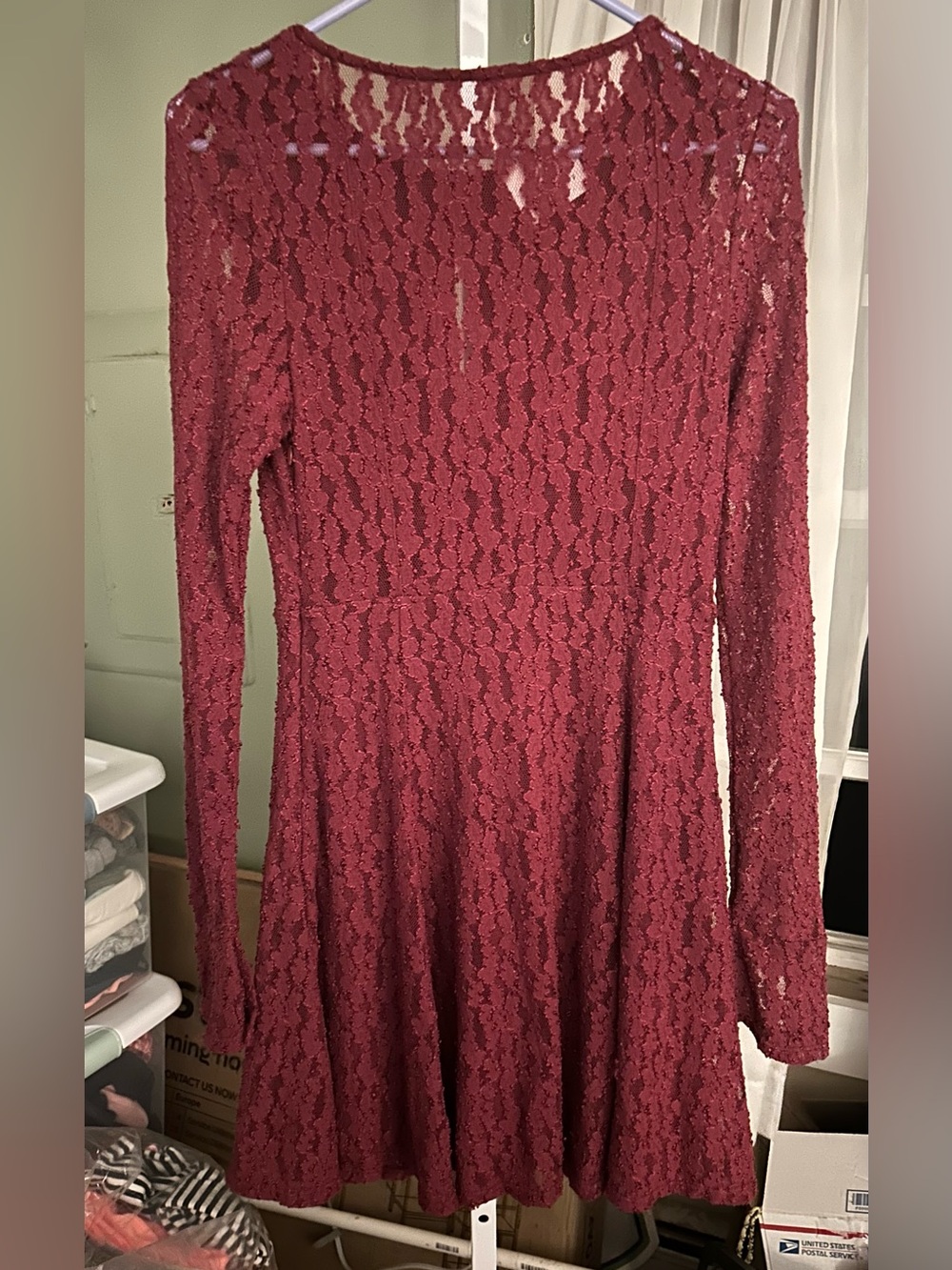 Free People Long-Sleeve Lace Fit & Flare Dress in Burgundy
